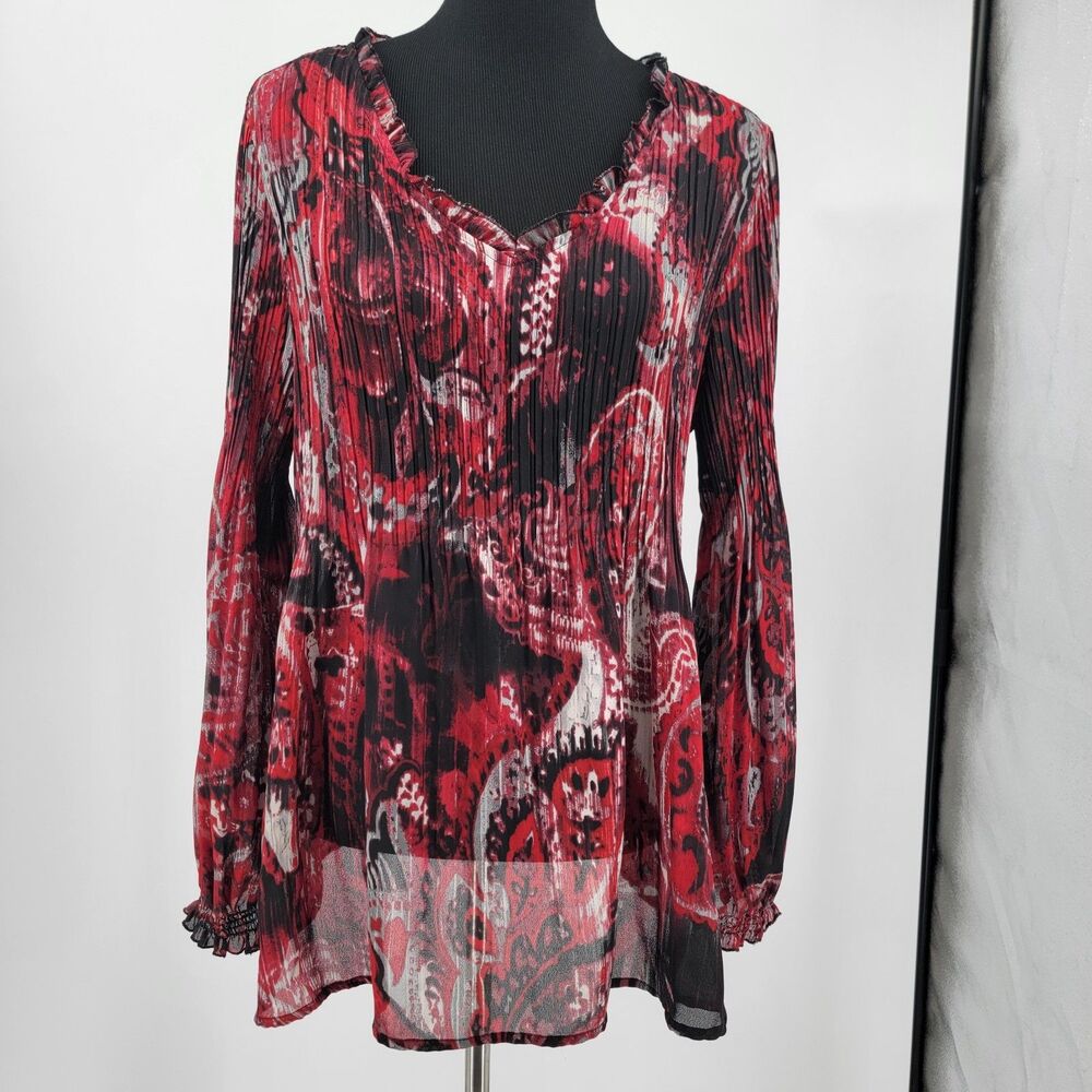 Allison Taylor Womens XL Red/Black Long Sleeve Sheer V-Neck Ruffle Blouse
